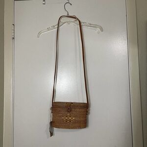 NWT Oval Tan Wicker basket crossbody boho handbag handmade leather accents
